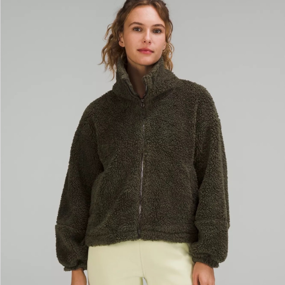 Cinchable fleece zip up dark olive